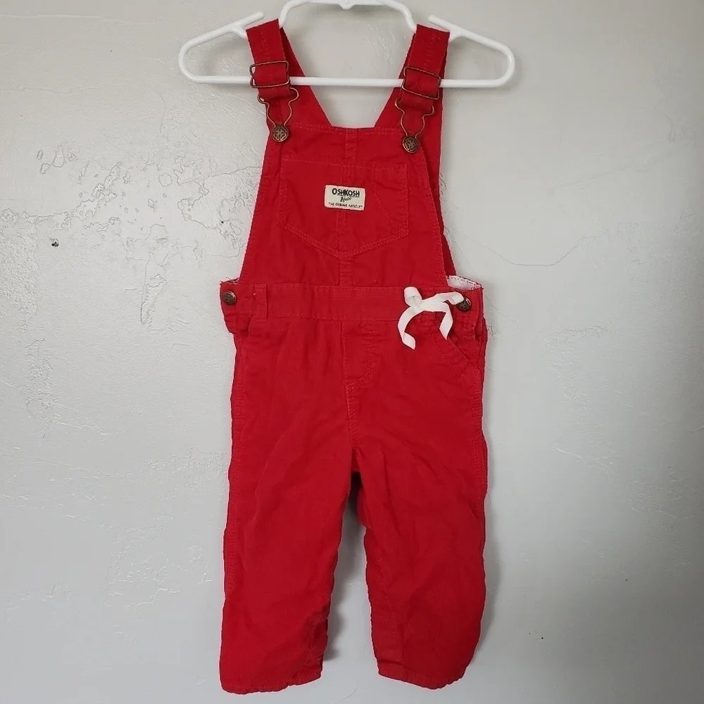 Oshkosh Baby Girl 18 Months Red Ribbed Corduroy Overalls White Bow
